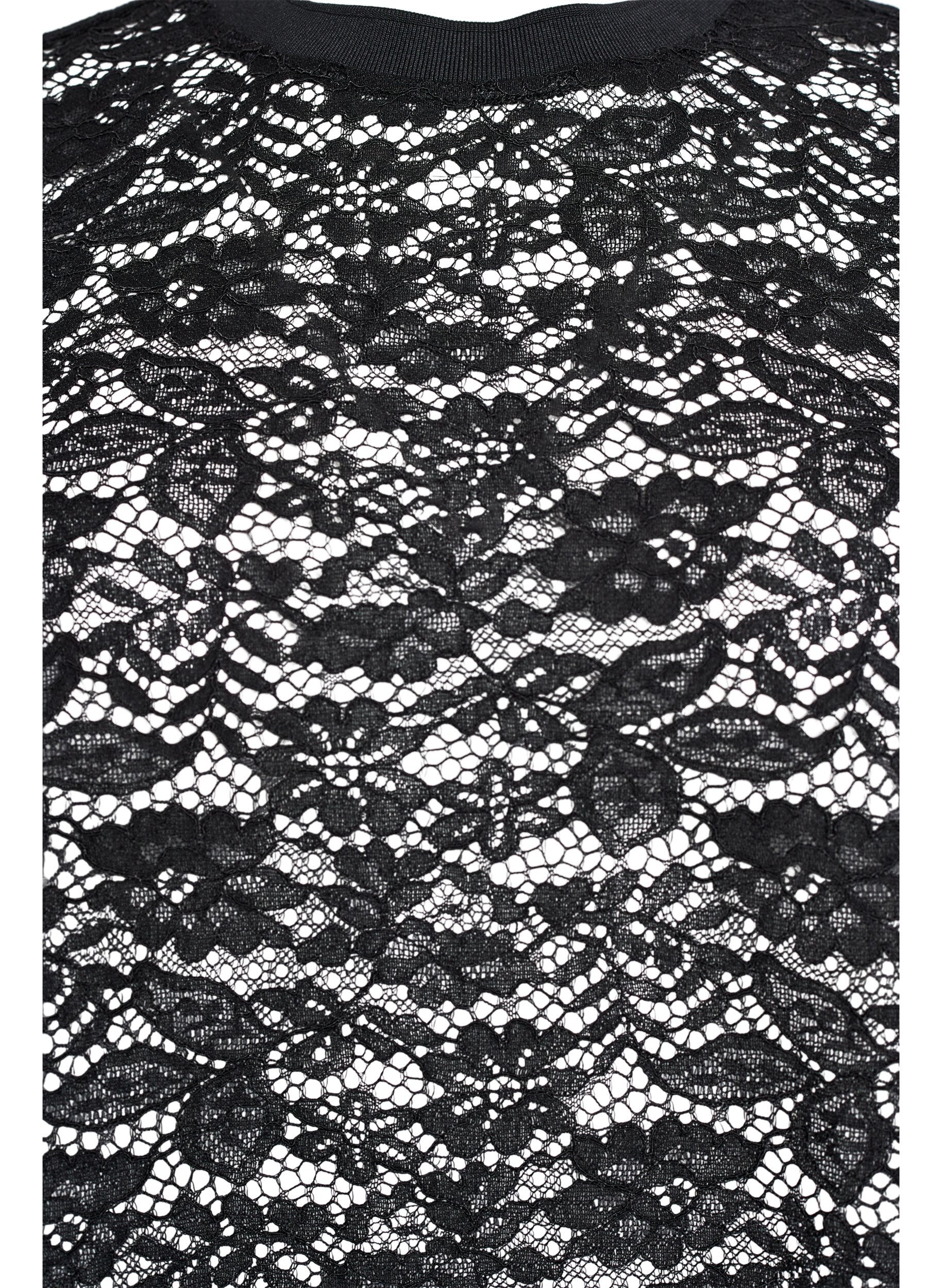 Zizzi Spetsblus med korta &auml;rmar och rund hals, Svart, Packshot image number 2