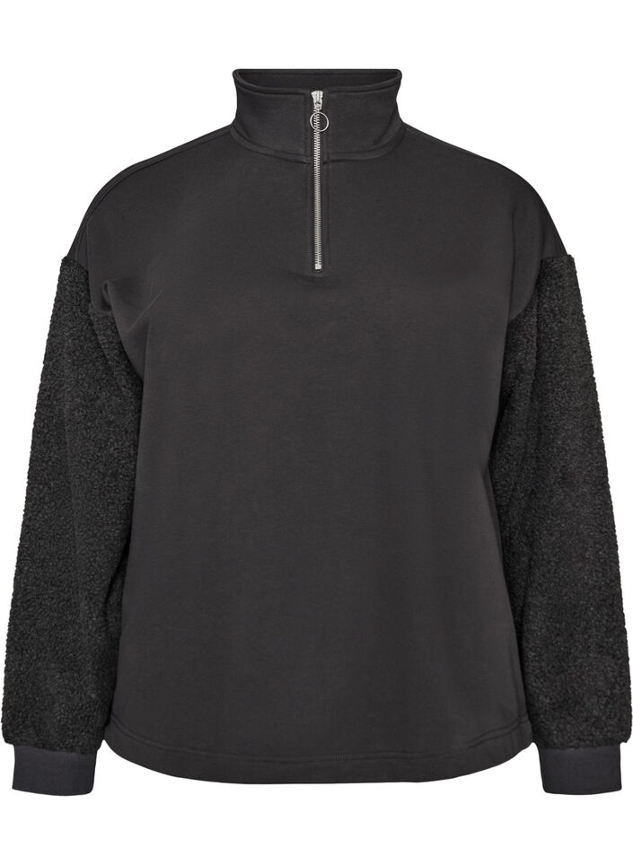 Sweatshirt med teddy&auml;rmar och h&ouml;g hals, Gr&aring;, Packshot image number 0