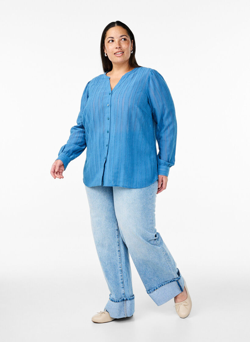 Randig skjortablus med transparenta ränder, Blå, Model image number 1