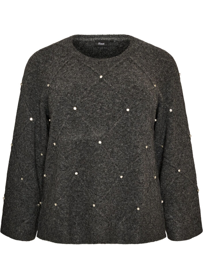 Blus i stickat med strass och diamantm&ouml;nster, Gr&aring;, Packshot image number 0