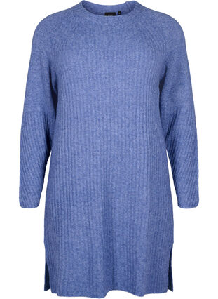 Ribbstickad klänning med slits, Gray Blue Mel., Packshot image number 0