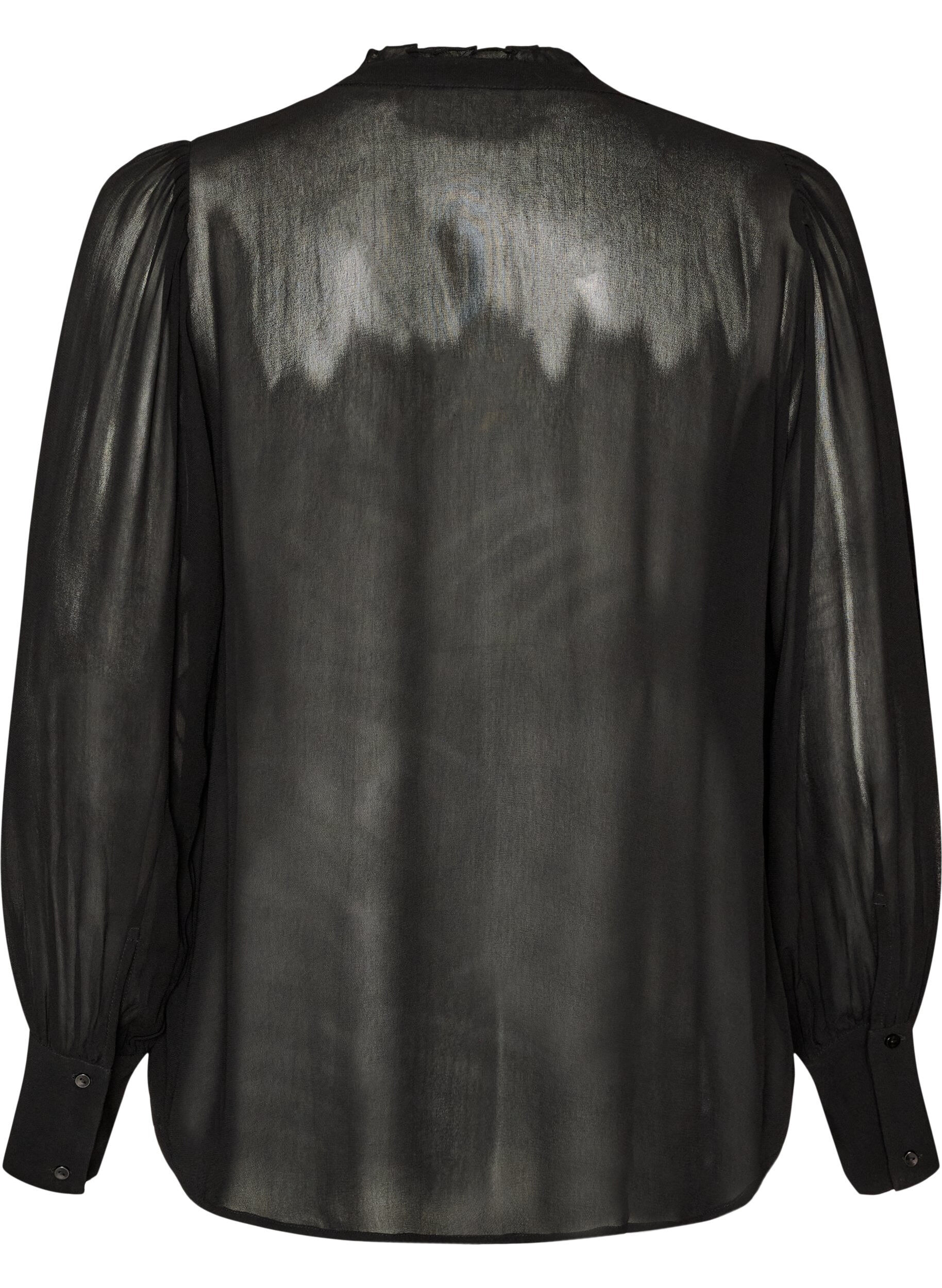 ZizziBlus i viskos med volangkrage, Svart, Packshot image number 1