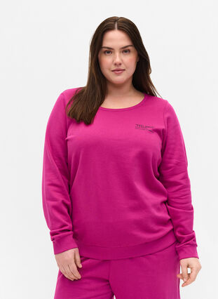 Sweatshirt i bomull med texttryck, Festival Fuchsia, Model image number 0