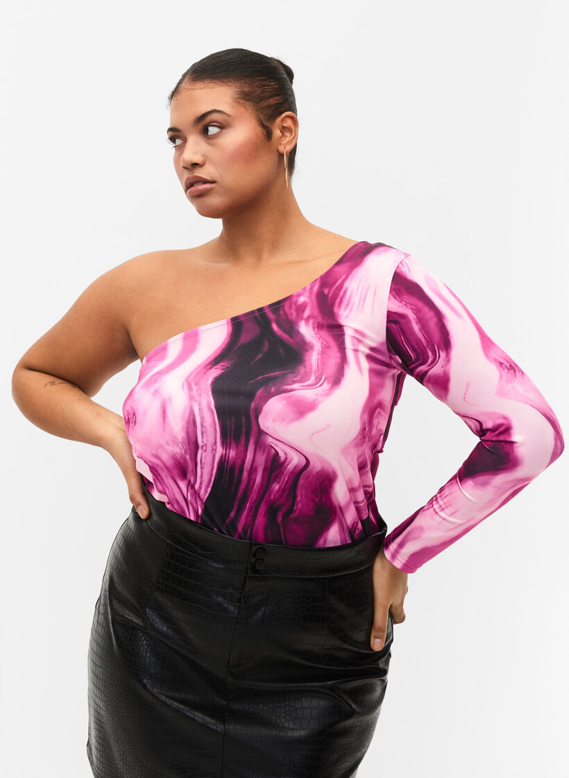 One shoulder-topp med tryck, Raspberry Rose AOP, Model image number 0