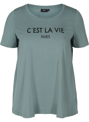 Kortärmad bomulls t-shirt med tryck, Balsam Green PARIS, Packshot image number 0