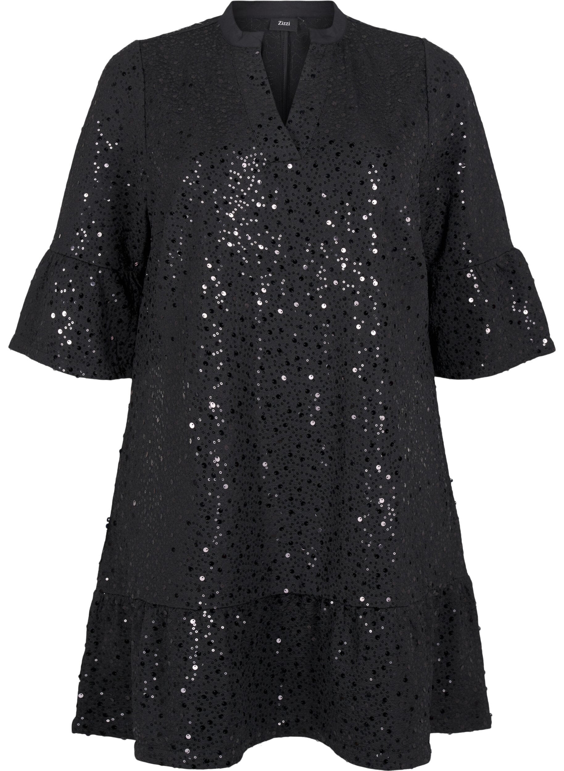 Zizzi Paljettkl&auml;nning med V-ringning och trekvarts&auml;rmar, Black w. Bl. Sequins, Packshot image number 0