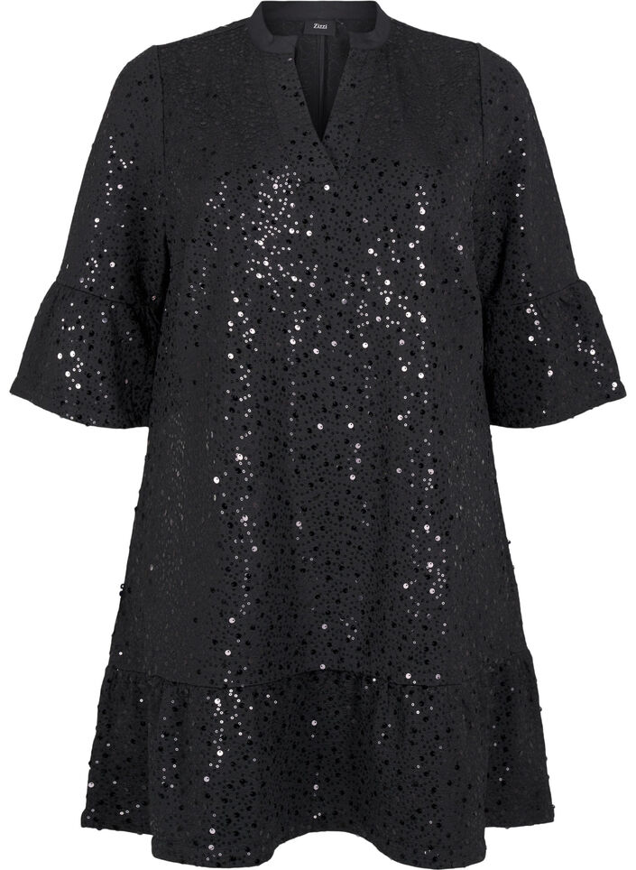 Paljettklänning med V-ringning och trekvartsärmar, Black w. Bl. Sequins, Packshot image number 0