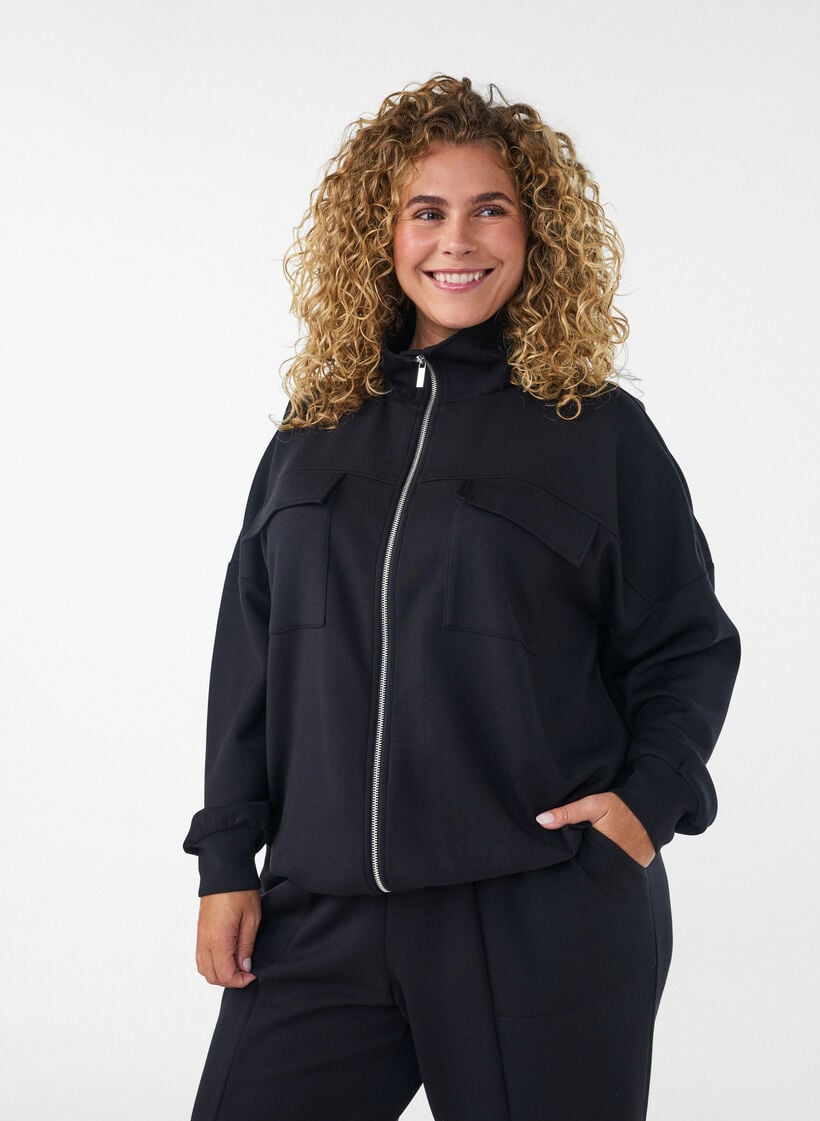 Kofta i jersey med dragkedja och h&ouml;g krage, Svart, Model image number 0