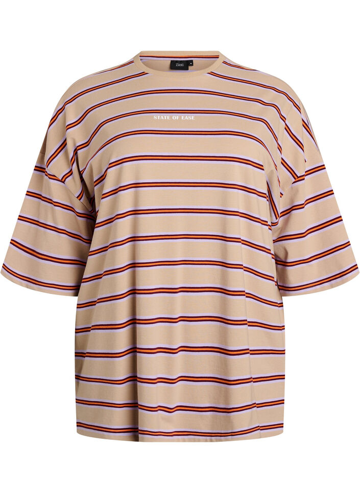 Oversize t-shirt med r&auml;nder och halvl&aring;nga &auml;rmar, Beige, Packshot image number 0