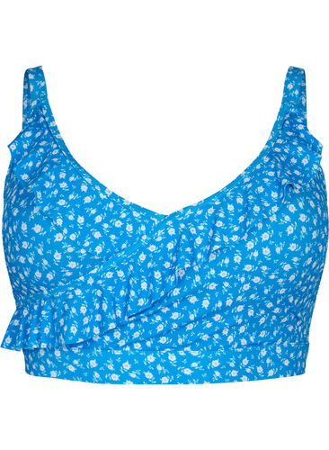 Blommig bikinitopp med volanger, Blue Flower Print, Packshot image number 0