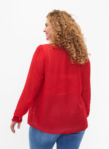 Skjortblus med volanger och mönstrad textur, Tango Red, Model image number 1