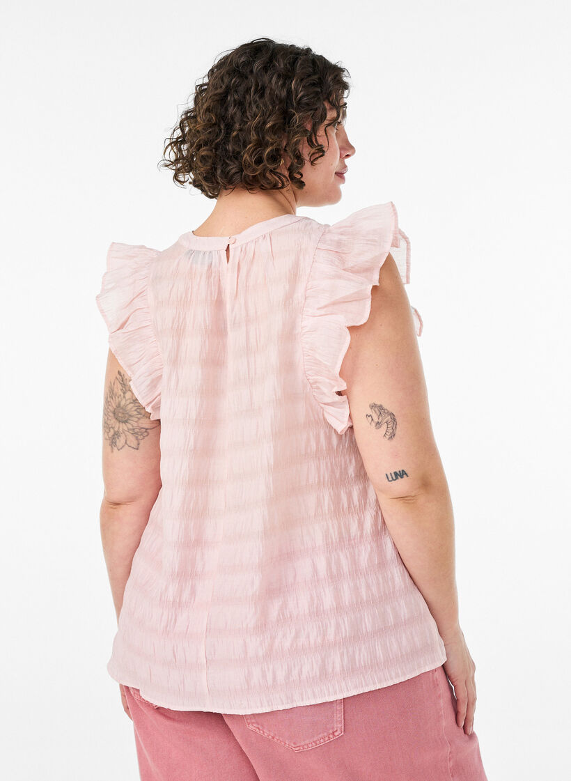 &Auml;rml&ouml;s blus med struktur och volanger, Rosa, Model image number 2