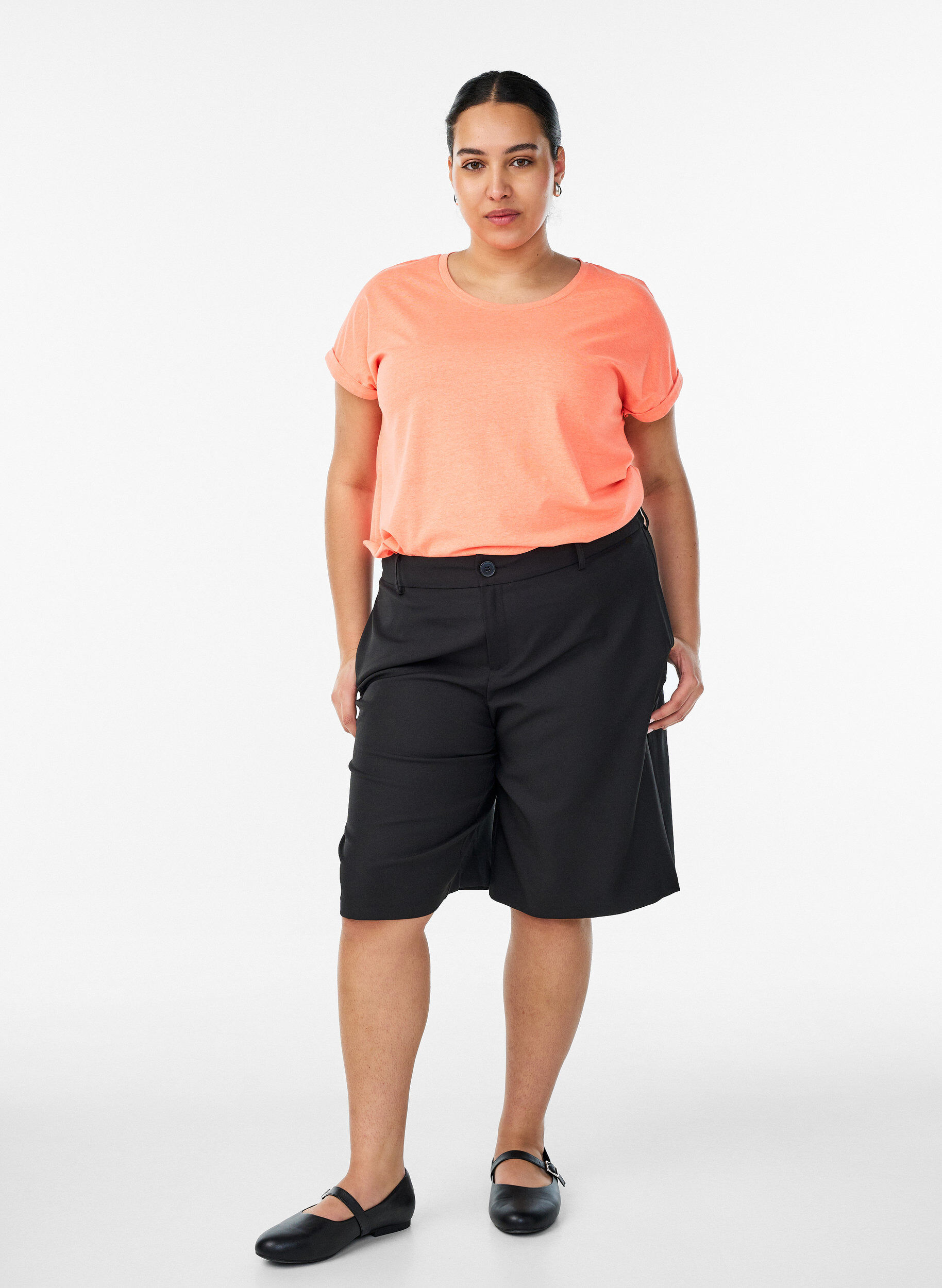 Zizzi Neonf&auml;rgad bomulls t-shirt, Orange, Model image number 1