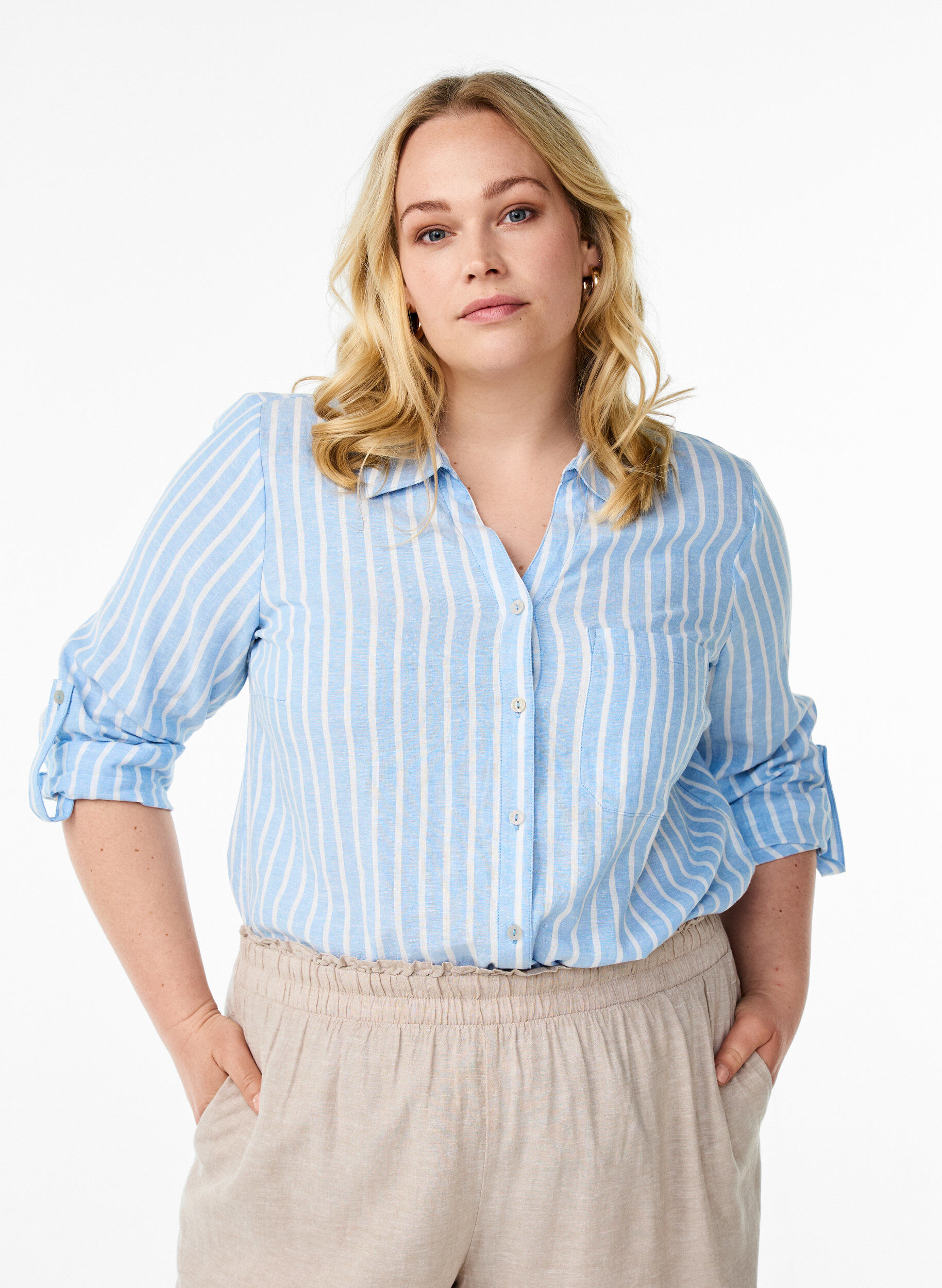 ZizziSkjorta i linne och viskos med 3/4-&auml;rmar, Bl&aring;, Model image number 0