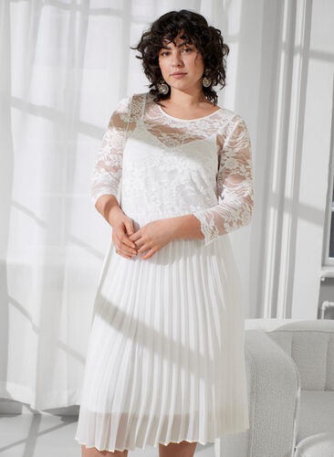 Plisserad klänning med spets och 3/4-ärmar, Bright White, Image image number 0