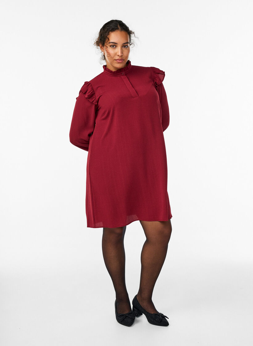 Kort kl&auml;nning med volanger och glitter, M&ouml;rk Bordeaux, Model image number 1
