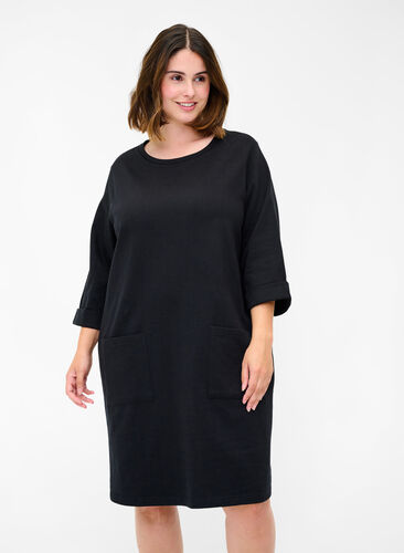 Sweatshirtklänning i bomull med 3/4-ärmar och fickor, Black, Model image number 0