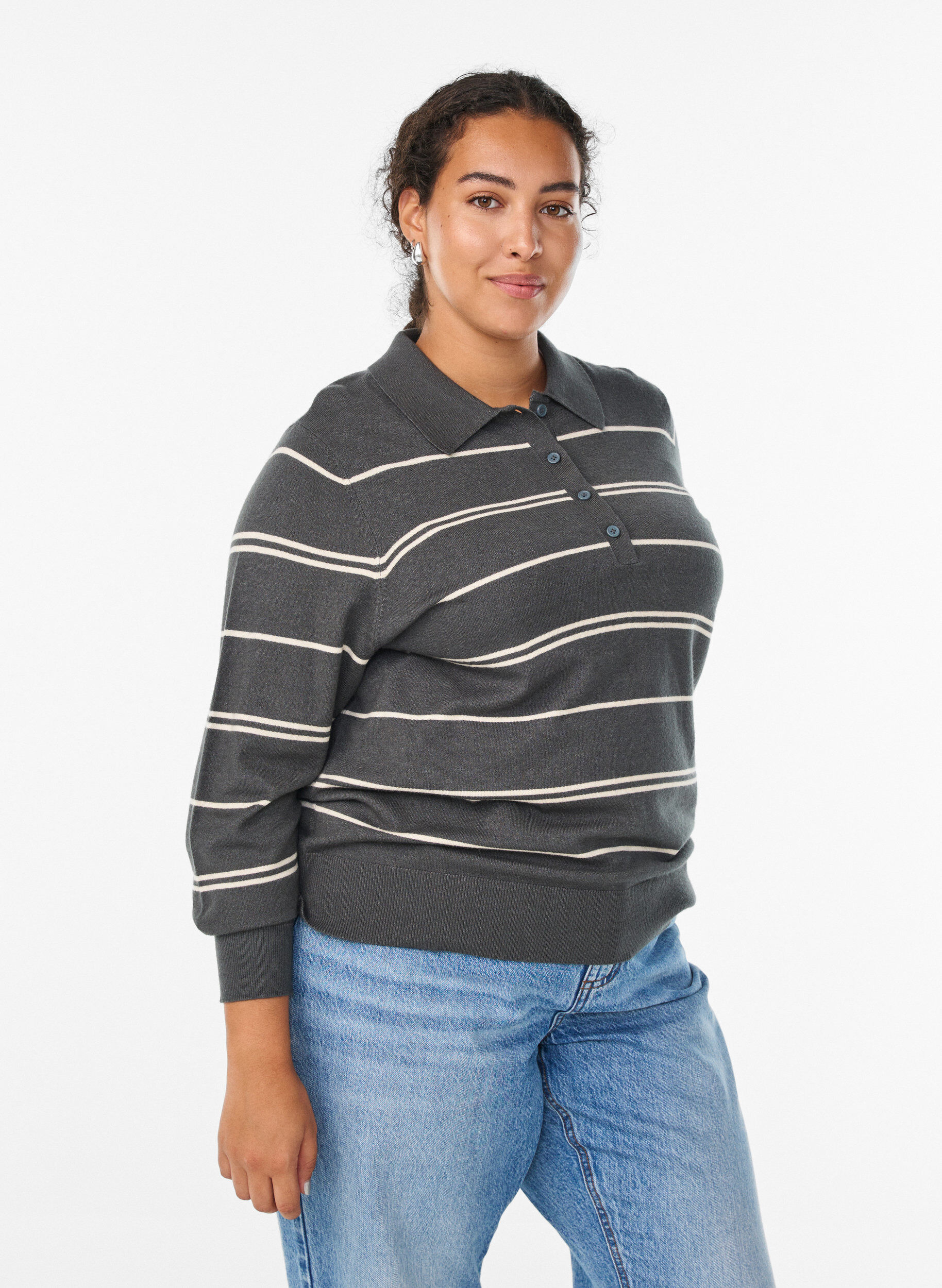 Stickad blus med krage, Gr&ouml;n, Model