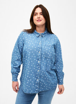 Blommig denimskjorta med bröstficka, Light Blue w.Flowers, Model image number 0