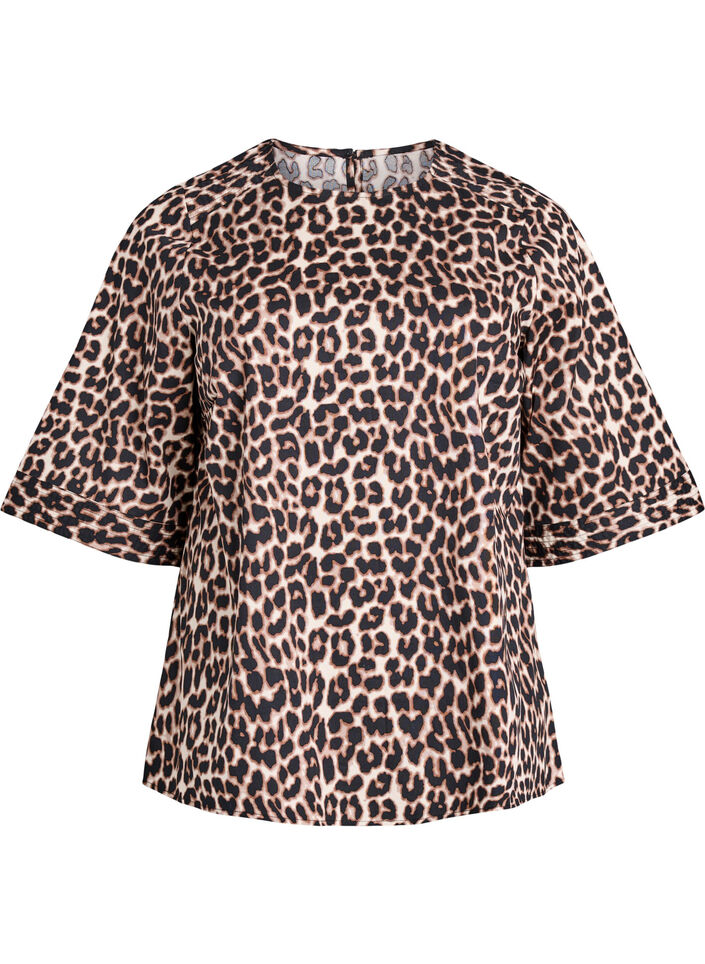 Blus med stickningsdetaljer och 3/4-ärmar, Brun, Packshot image number 0