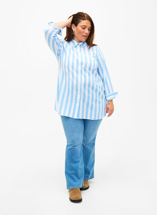 Långskjorta i linne och bomull, Blue White Stripe, Model image number 2