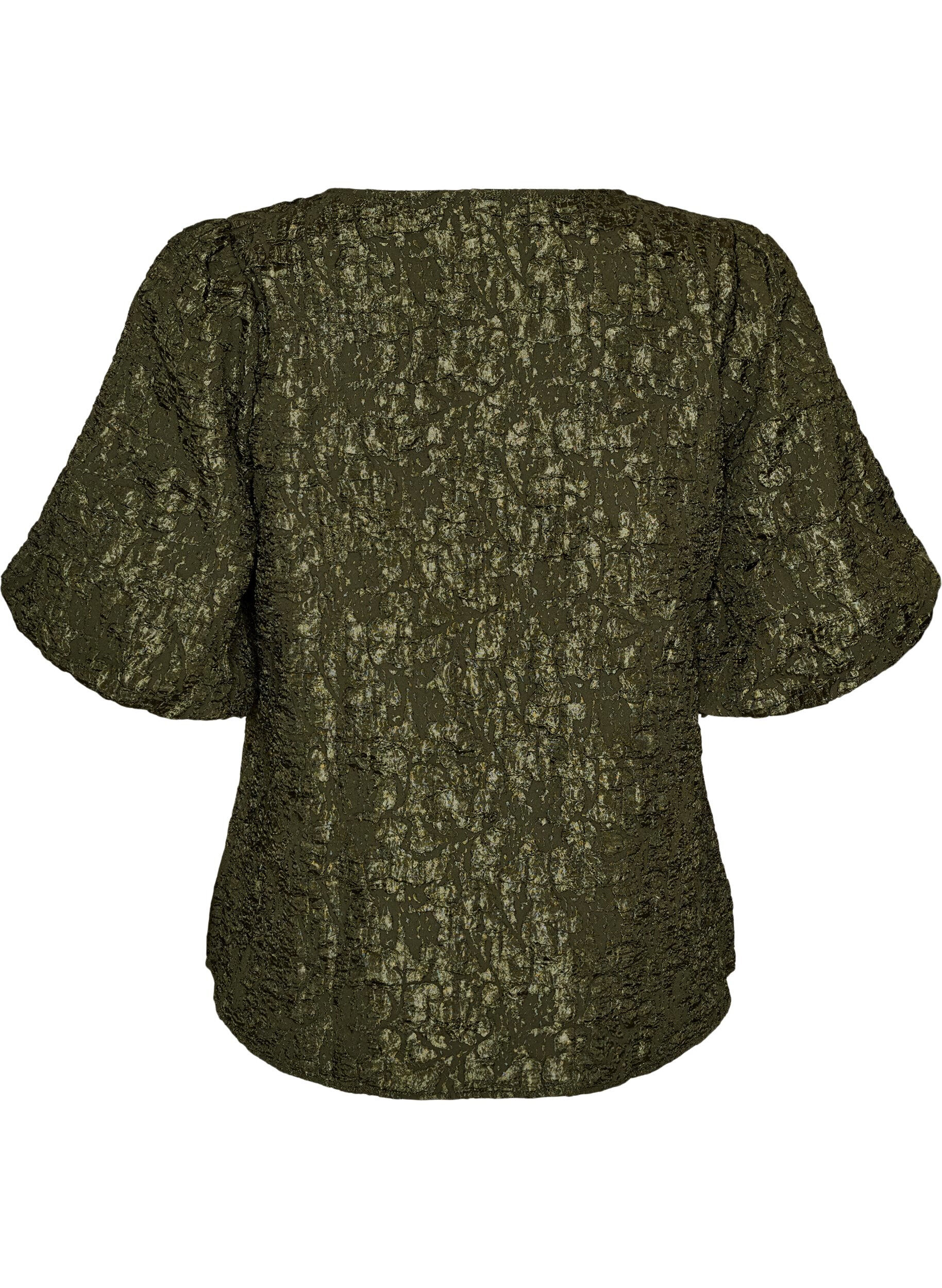 ZizziBlus i jacquard med puff&auml;rmar och a-linjeformad passform, Gr&ouml;n, Packshot image number 1