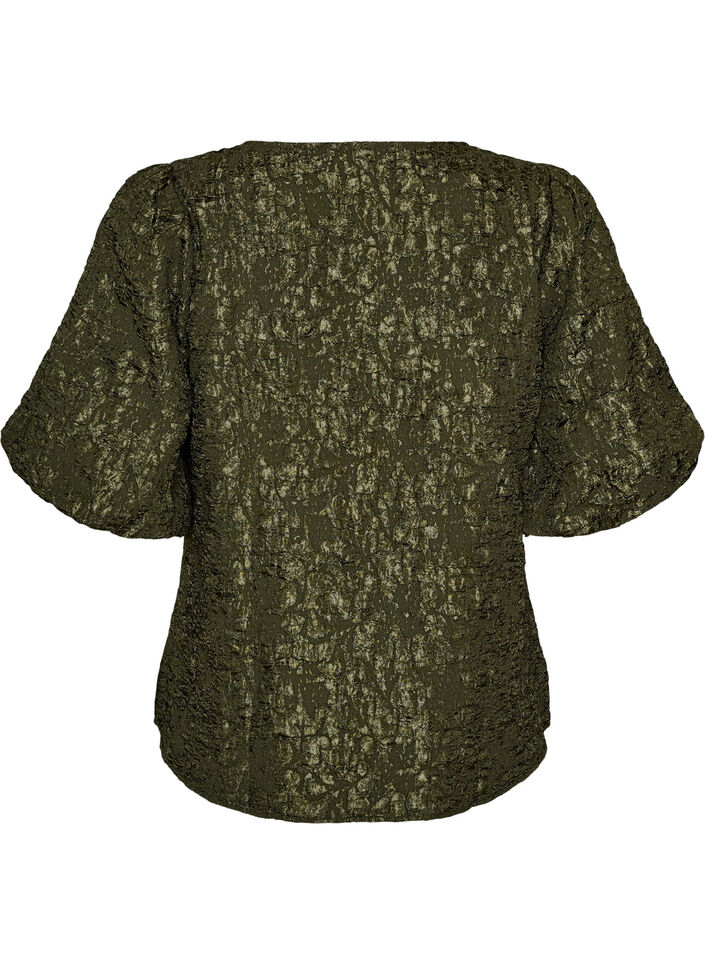 Blus i jacquard med puff&auml;rmar och a-linjeformad passform, Gr&ouml;n, Packshot image number 1