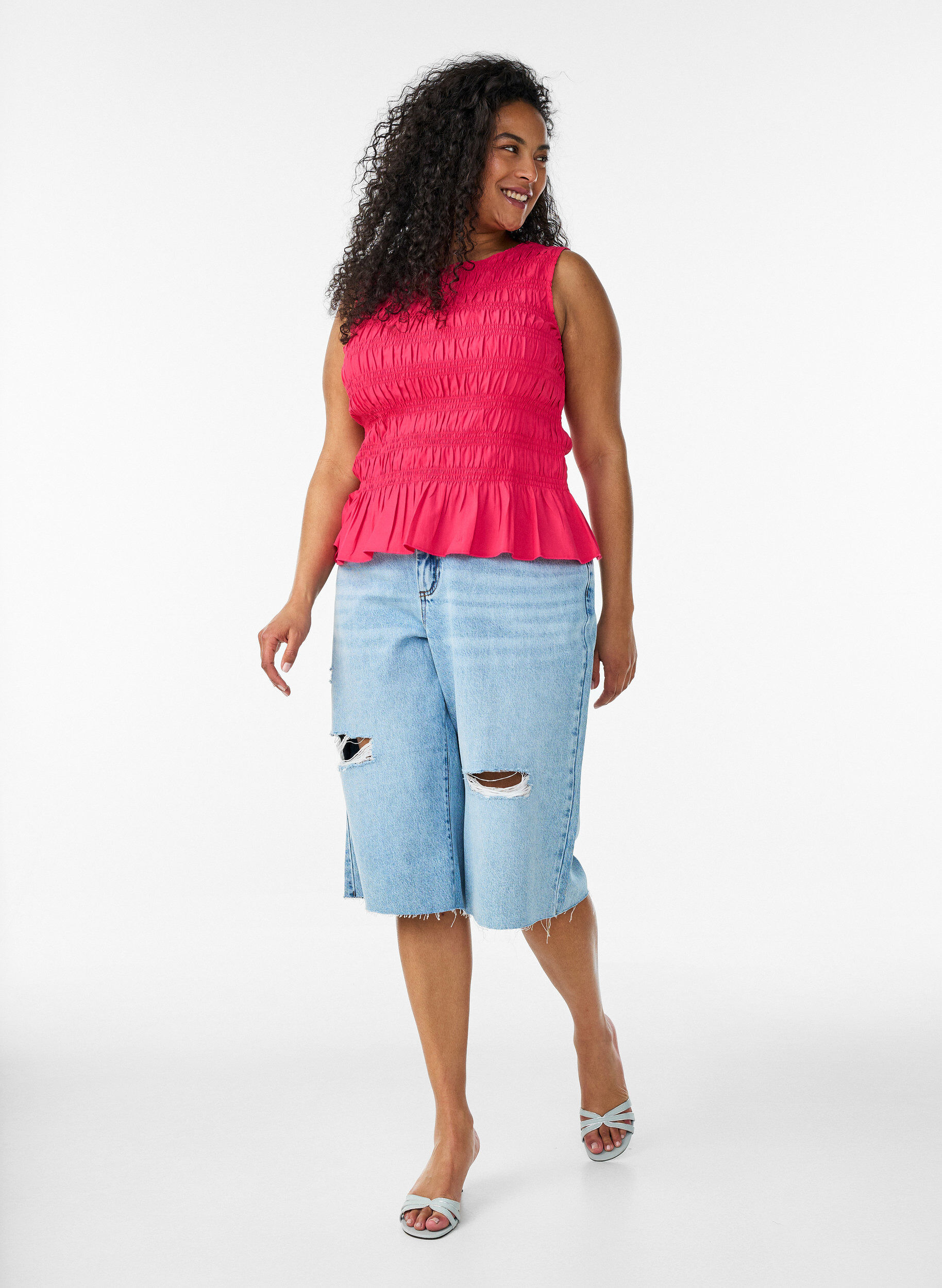 ZizziSmocktopp med b&aring;tringning och peplum, Rosa, Model image number 1