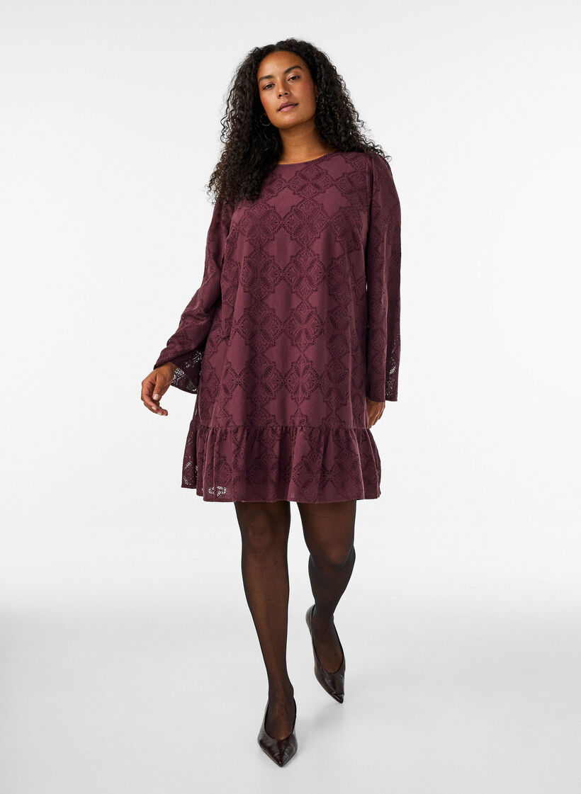 Spetskl&auml;nning med l&aring;nga &auml;rmar och volangkant, M&ouml;rk Bordeaux, Model image number 1