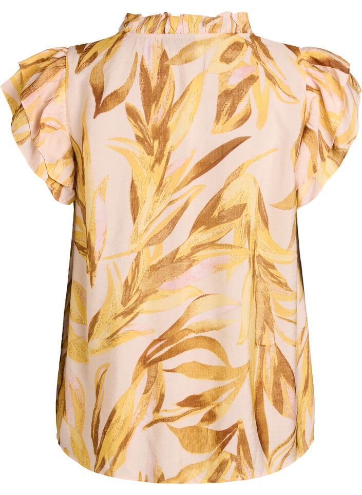Blus i viskos med l&ouml;vm&ouml;nster och volangdetaljer, Gul, Packshot image number 1