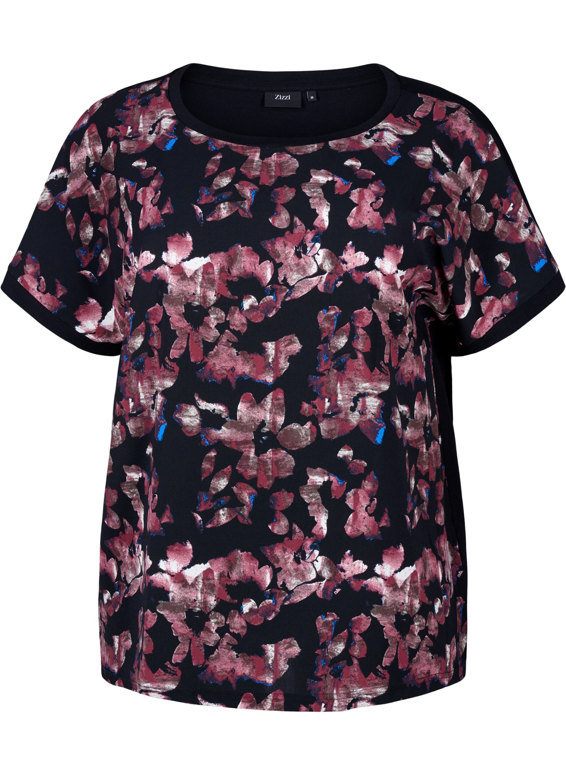 Zizzi L&ouml;st sittande t-shirt med blommigt tryck, Black Purple Fl. AOP, Packshot image number 0