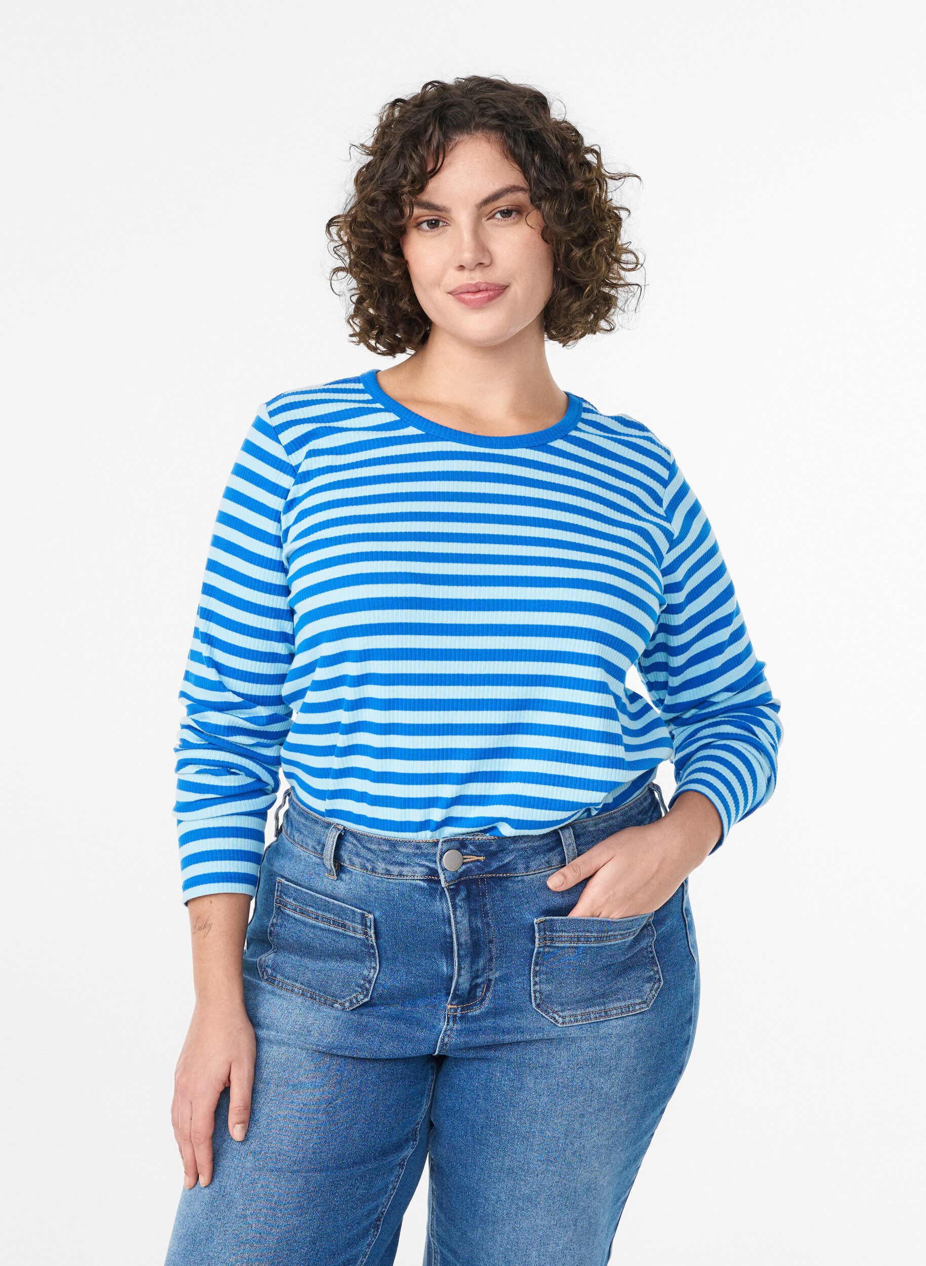 ZizziRandig blus med l&aring;nga &auml;rmar, Bl&aring;, Model image number 0