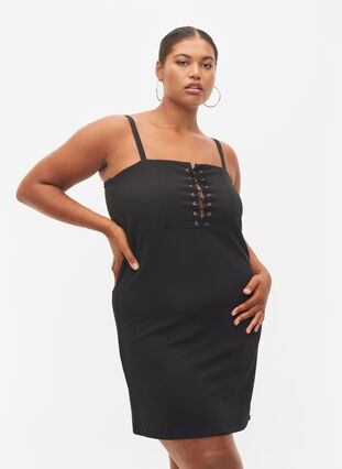 Kroppsnära klänning med snörning, Black, Model image number 0