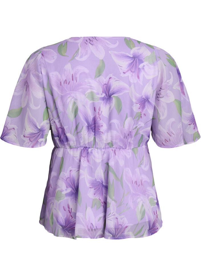 Blus i chiffong med blommor och korta &auml;rmar, Lila, Packshot image number 1