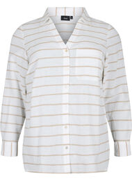 Skjortblus med knäppning i en blandning av bomull och linne, White Taupe Stripe
