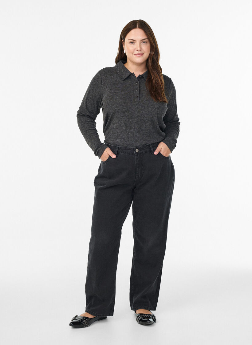 Långärmad pikétröja i stretchig ribbstickning, Grå, Model image number 1