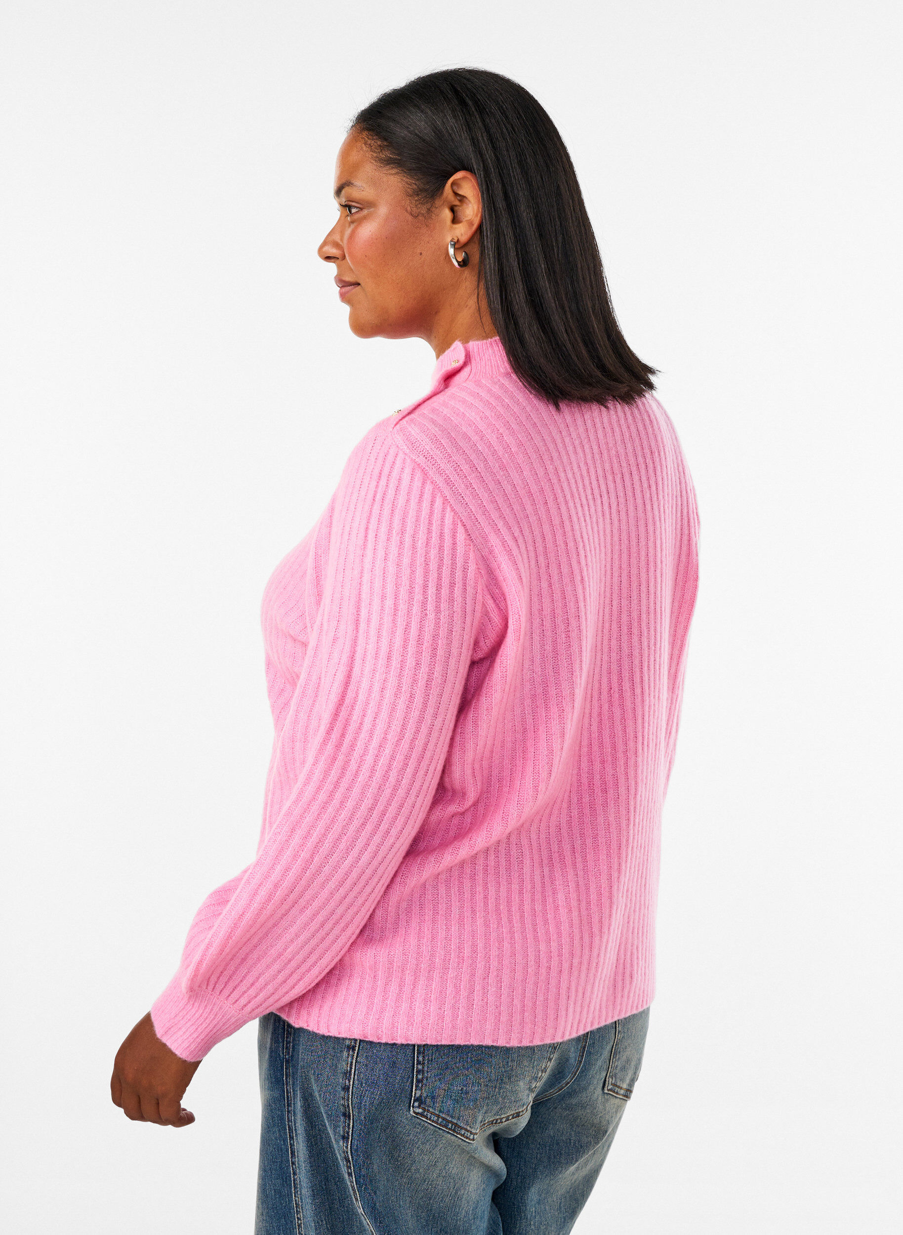 ZizziRibbstickad tr&ouml;ja med puff&auml;rmar och knappar, Rosa, Model image number 2