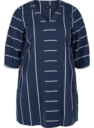 Randig tunika i bomull med 3/4-ärmar, N.Sky w.White Stripe, Packshot image number 0