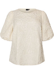 Blus i jacquard med puff&auml;rmar och a-linjeformad passform, Vanilla