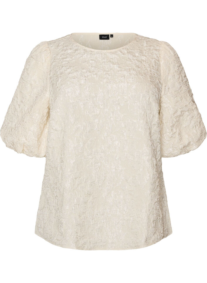 Blus i jacquard med puff&auml;rmar och a-linjeformad passform, Vanilla, Packshot image number 0