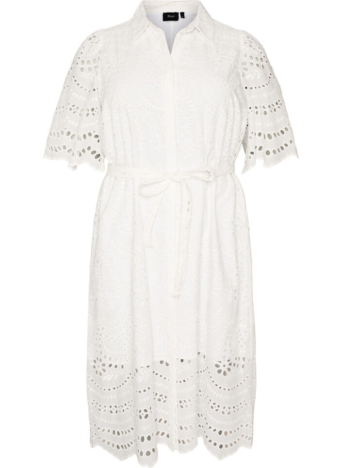 Skjortkl&auml;nning i broderie anglaise med knytb&auml;lte, Vit, Packshot image number 0