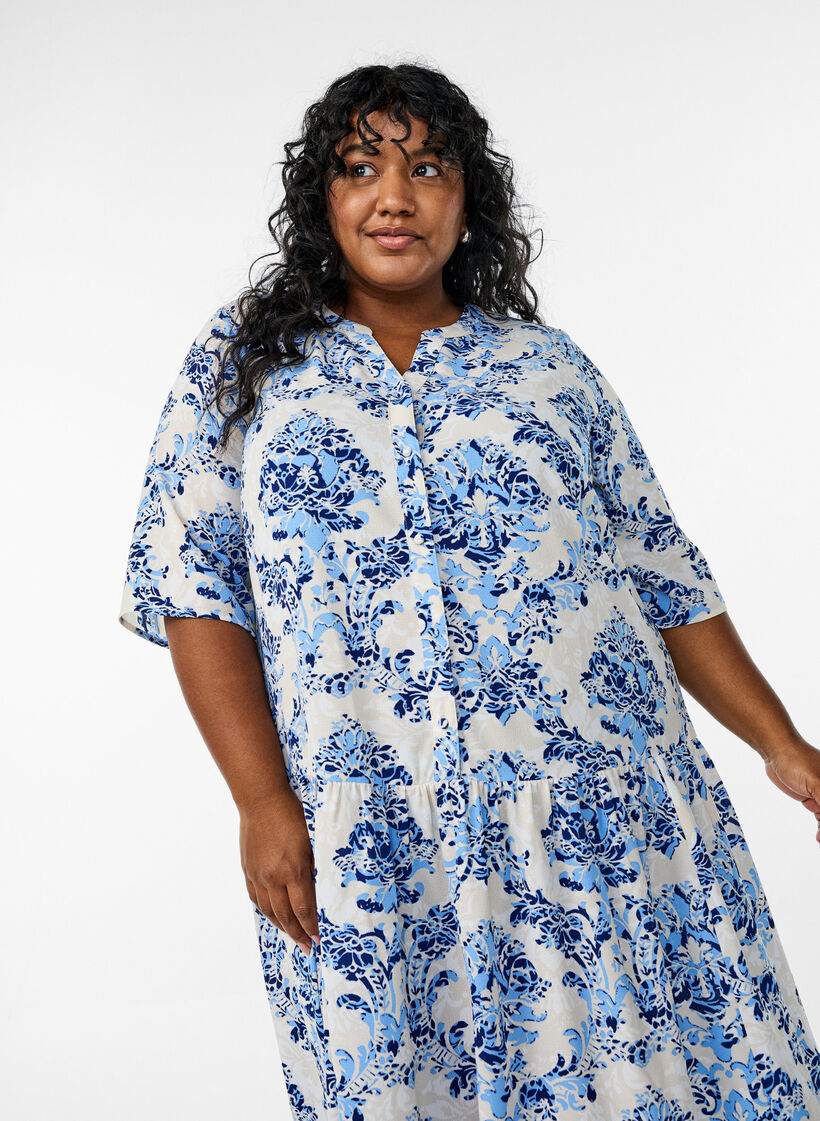 Midiklänning i A-linjeform med kort ärm, Beige, Model image number 3