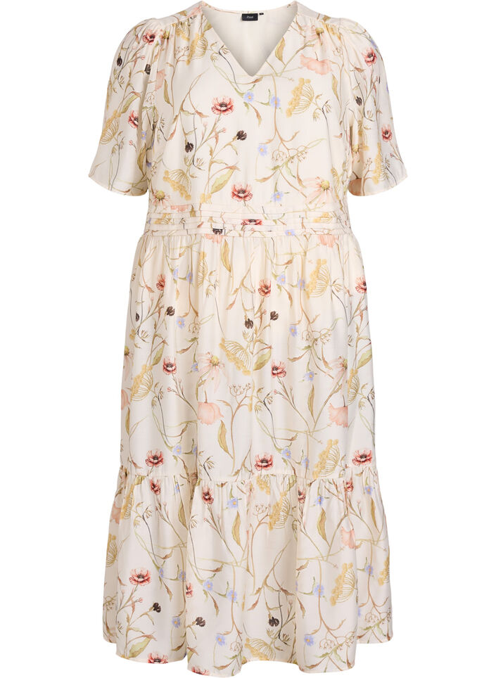 Blommig midikl&auml;nning med A-linjeform, Beige, Packshot image number 0