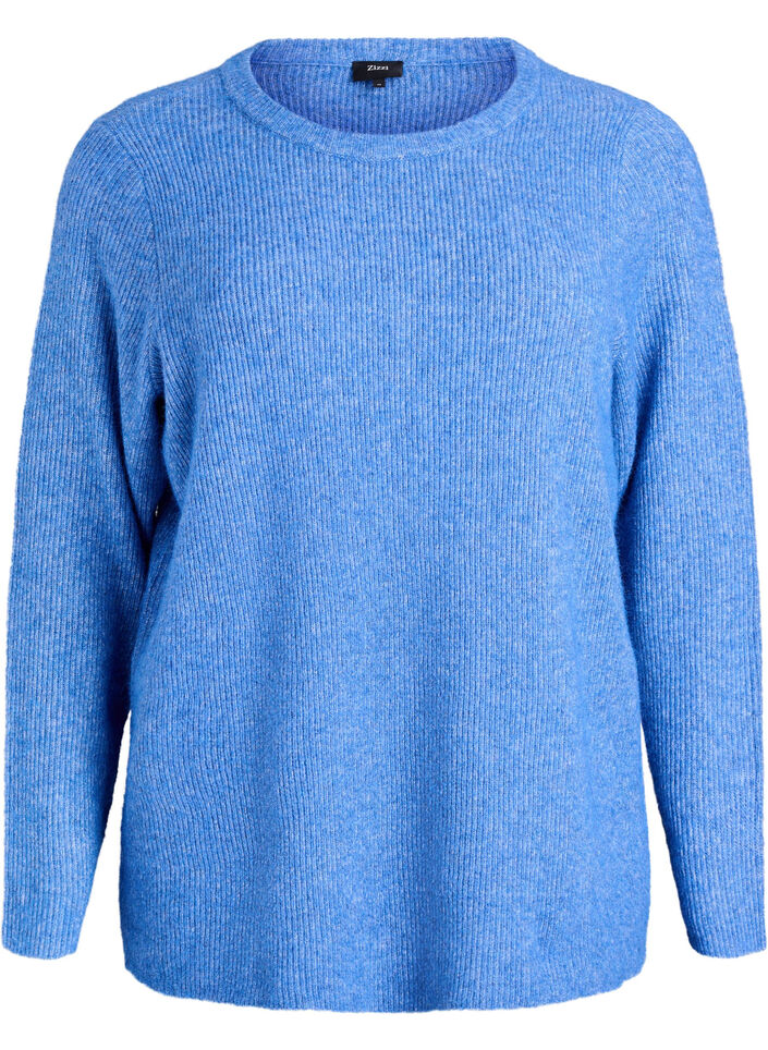 Melerad stickad blus med rund hals, Bl&aring;, Packshot image number 0
