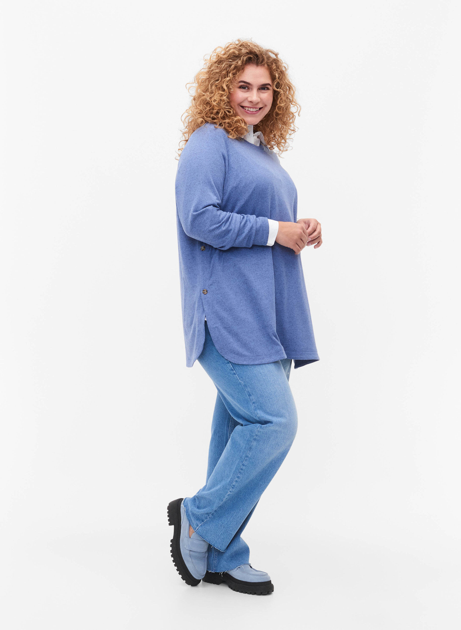 Zizzi Melerad blus med knappar, Colony Blue Melange, Model image number 2