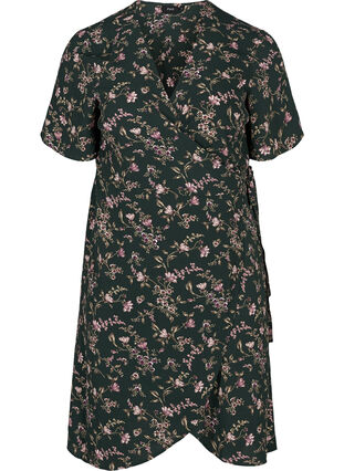 Omlottklänning med korta ärmar, Green w. rose, Packshot image number 0
