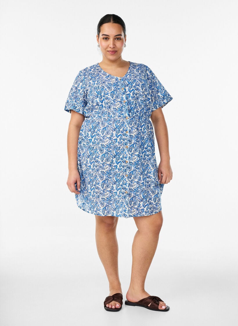 Kort kl&auml;nning i bomull med blommigt m&ouml;nster, Bl&aring;, Model image number 1