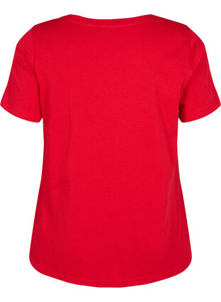 V-ringad t-shirt i bomull med texttryck, Tango Red ORI, Packshot image number 1