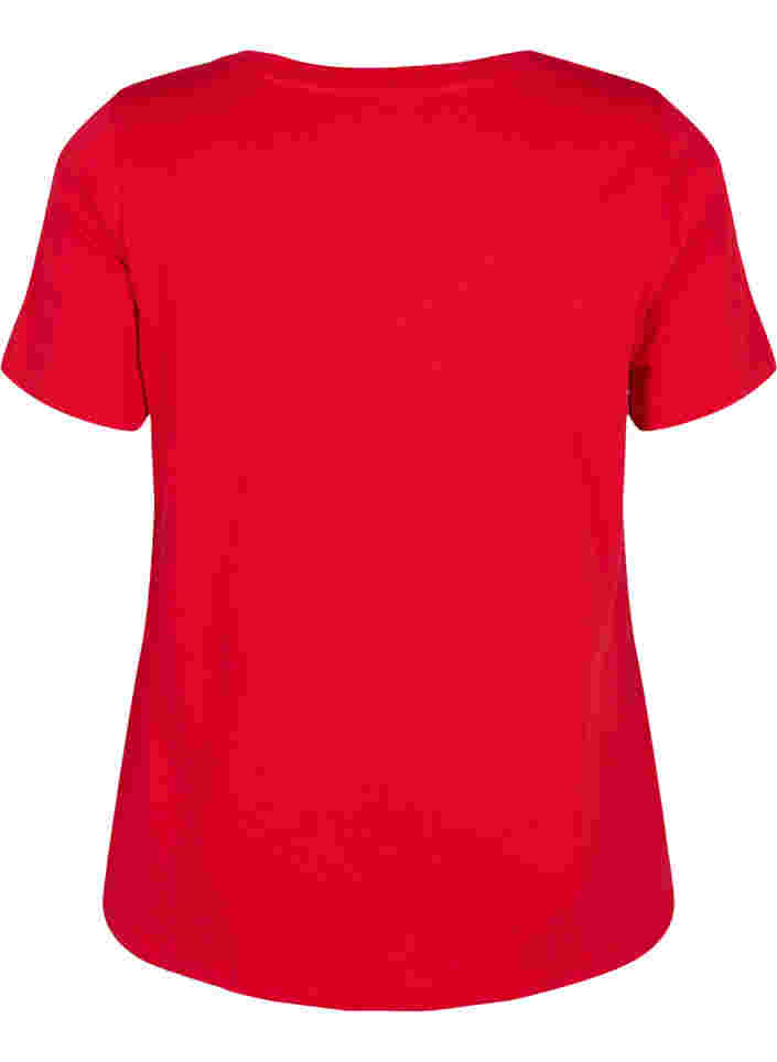 V-ringad t-shirt i bomull med texttryck, Tango Red ORI, Packshot image number 1