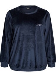 Blus i velour med broderad text, Bl&aring;